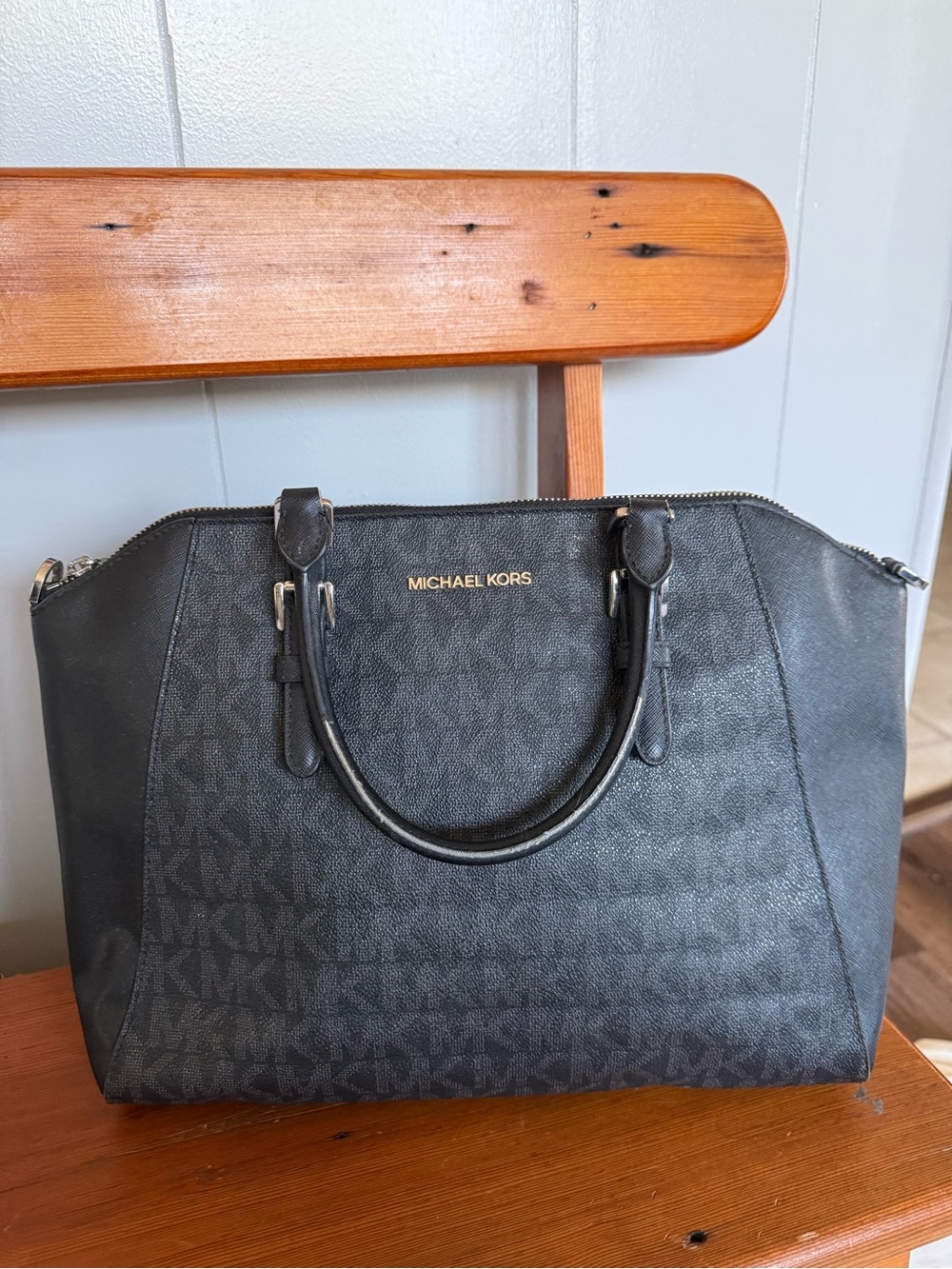 Michael Kors Black MK Logo Satchel with Gold Tone Nameplate